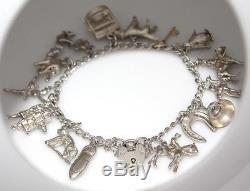 VINTAGE 925 STERLING SILVER 16 CHARMS BRACELET with HEART PADLOCK CLASP / W 970