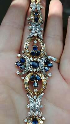 Victorian Blue Sapphire & Diamond 10K White+Yellow Gold Over 7 Tennis Bracelet