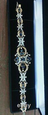 Victorian Blue Sapphire & Diamond 10K White+Yellow Gold Over 7 Tennis Bracelet