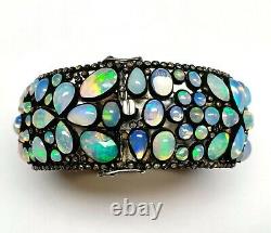 Victorian Vintage Bangle Opal Gemstone With Pave Diamond 925 Sterling Silver