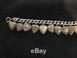 Vintage 1940's Sterling Silver 925 (14)Puffy Heart Charm Bracelet Reposse