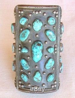 Vintage 1940s Old Pawn Sterling Silver Turquoise Bow Guard Cuff Bracelet s7.5
