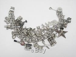 Vintage ELCO Sterling Silver Loaded Charm Bracelet Animals Phone Hearts Bells +