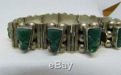 Vintage Gemstone Sterling Silver MEXICO Carved Green Onyx Tribal Face Bracelet
