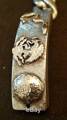 Vintage Heavy Sterling Silver & 10k gold Aztec Calendar Biker Bracelet SIGNED