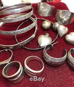 Vintage MIX Lot Of Sterling Silver Jewelry Bangle Bracelets Earrings Rings 5 Oz