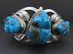 Vintage Navajo Cast Sterling Silver Three Frogs Turquoise Cuff Bracelet-91 Grams