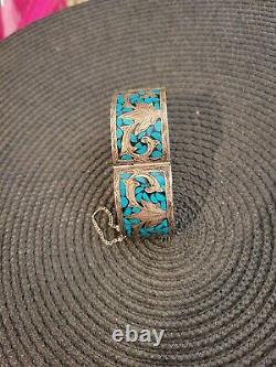 Vintage Native American Bracelet Sterling Silver With Turquoise Inlay Safety
