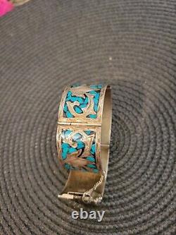 Vintage Native American Bracelet Sterling Silver With Turquoise Inlay Safety