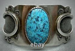 Vintage Navajo Native American Sterling Silver Blue Gem Turquoise Cuff Bracelet