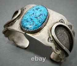 Vintage Navajo Native American Sterling Silver Blue Gem Turquoise Cuff Bracelet