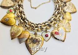 Vintage Puffy Heart Charm Bracelet Gold Filled Sterling Silver Enamel Repousse