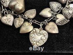 Vintage Puffy Heart Repousse Charm Bracelet Sterling Silver Walter Lampl Padlock