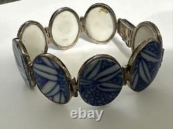 Vintage STERLING SILVER 925 BRACELET Blue and White Porcelain