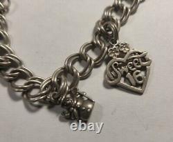 Vintage STERLING SILVER CHARM BRACELET WITH 3 CHARMS 7in Snow Man Sweet 16