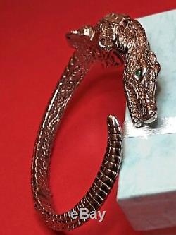 Vintage Sterling Silver Alligator Bracelet Made In Italy Green Emerald Eyes