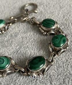 Vintage Sterling Silver Bracelet Malachite Womens Jewelry Green Rare Old 31 gr