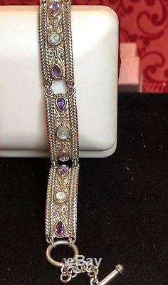 Vintage Sterling Silver Designer Signed Sajen Bracelet Amethyst Aquamarine Gems