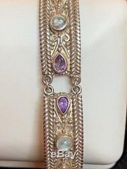 Vintage Sterling Silver Designer Signed Sajen Bracelet Amethyst Aquamarine Gems
