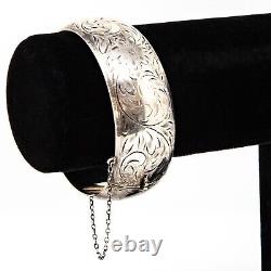 Vintage Sterling Silver Floral Hinged Bangle Bracelet Elegant Etched Design