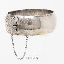 Vintage Sterling Silver Floral Hinged Bangle Bracelet Elegant Etched Design