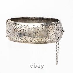Vintage Sterling Silver Floral Hinged Bangle Bracelet Elegant Etched Design