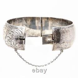 Vintage Sterling Silver Floral Hinged Bangle Bracelet Elegant Etched Design