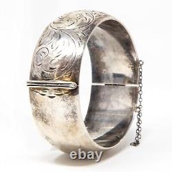 Vintage Sterling Silver Floral Hinged Bangle Bracelet Elegant Etched Design