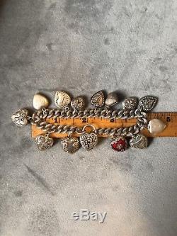 Vintage Sterling Silver Puffy Heart Lock Locket 14 Charm Bracelet Repousse 45g