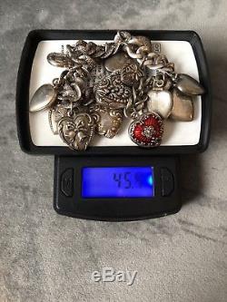 Vintage Sterling Silver Puffy Heart Lock Locket 14 Charm Bracelet Repousse 45g