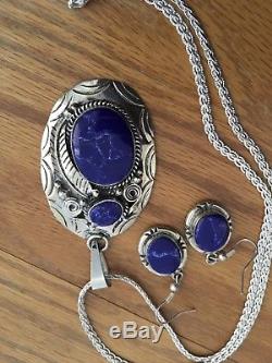 Vintage Taxco Mexican Sterling Silver Lapis Large Necklace and earrings