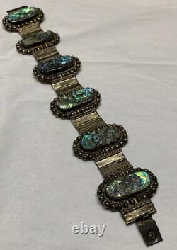 Vtg Mexican Sterling Silver Abalone Shell 1 1/4w Link Bracelet South Western 7
