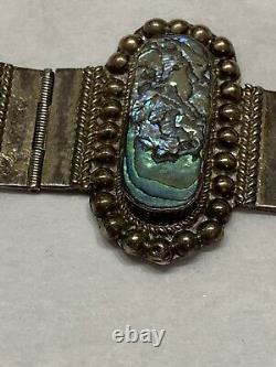 Vtg Mexican Sterling Silver Abalone Shell 1 1/4w Link Bracelet South Western 7
