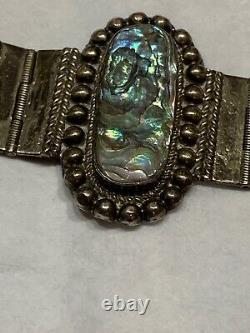 Vtg Mexican Sterling Silver Abalone Shell 1 1/4w Link Bracelet South Western 7
