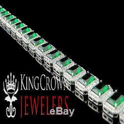 White Gold Sterling Silver Mens Ladies Lab Diamond Green Emerald Cut Bracelet