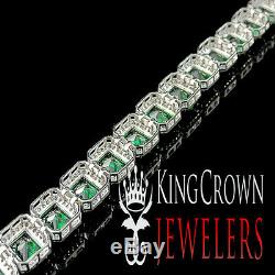 White Gold Sterling Silver Mens Ladies Lab Diamond Green Emerald Cut Bracelet