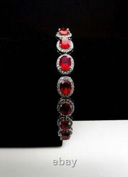 Women 12CT Oval Red Ruby Cubic Zirconia Halo Style Link Bracelet 925 Silver