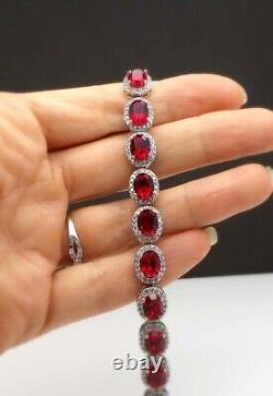 Women 12CT Oval Red Ruby Cubic Zirconia Halo Style Link Bracelet 925 Silver