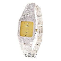 Women's 925 Sterling Silver Nugget Link Geneve Diamond Wrist Watch 6.5-7 24.7g