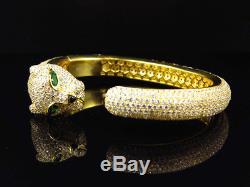Womens Yellow Gold Finish Sterling Silver Lab Diamond Green Eye Panther Bangle