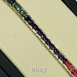 Yellow Gold Sterling Silver Princess Cut Rainbow Color Sapphire Tennis Bracelet