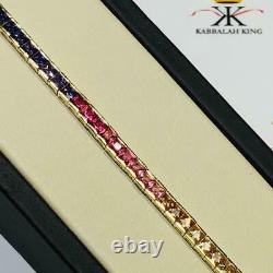 Yellow Gold Sterling Silver Princess Cut Rainbow Color Sapphire Tennis Bracelet