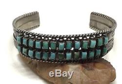 Zuni Old Pawn Stamped Sterling Silver Turquoise 2 Row Petit Point Cuff Bracelet
