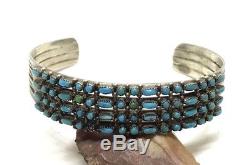 Zuni Old Pawn Sterling Silver Turquoise 4 Row Petit Point Cuff Bracelet
