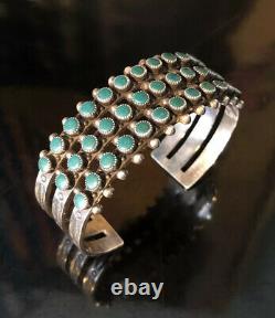 Zuni Sterling Silver Turquoise Three Row Cuff Bracelet Old Pawn Fred Harvey Era